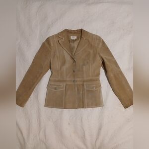 LOFT Ann Taylor Tan Camel Suede Leather Blazer Jacket Neurtal Stitched Size 8